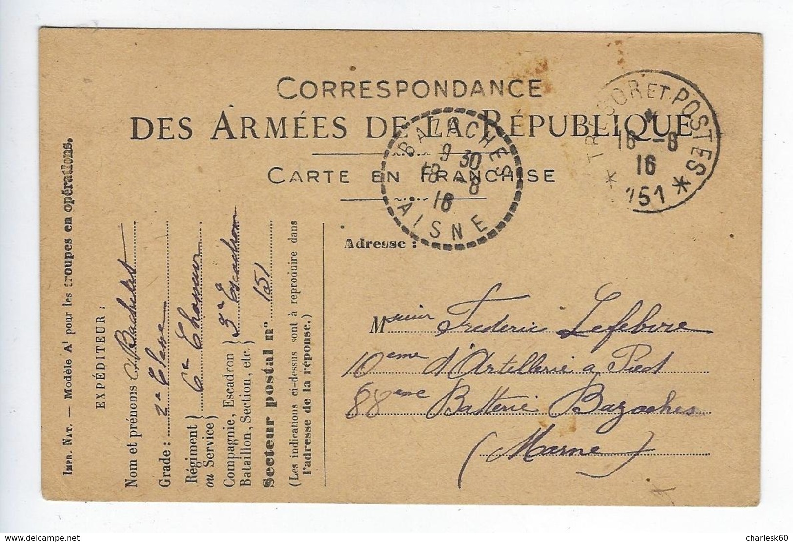 Kriegsgefangenensendung Prisonniers De Guerre Correspondance Des Armées De La République 1916 6ème Chasseur - Guerra 1914-18