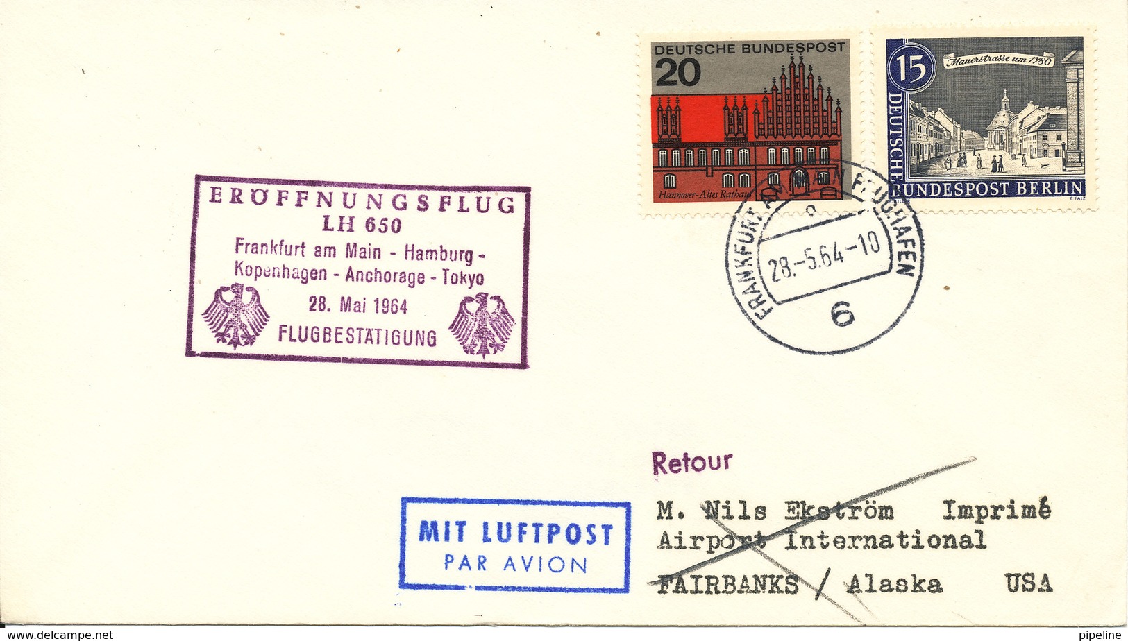 Germany Lufthansa First Flight Frankfurt Am Main - Hamburg - Copenhagen - Anchorage - Tokyo 28-5-1964 - Covers & Documents