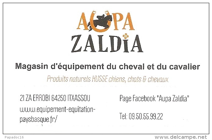 Carte De Visite - Aupa Zaldia - Magasin D'épuipement Du Cheval Et Du Cavalier - Itxassou - Cartoncini Da Visita