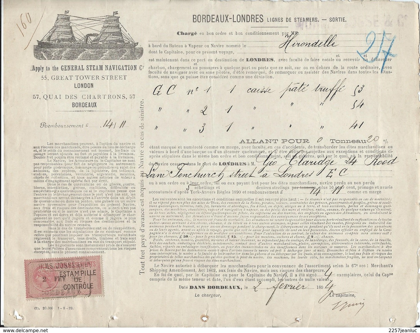 Bordeaux  Londres 1894 - Lignes De Steamers Bateaux à Vapeur Hirondelle  Avec Timbre Estampille De Controle - Transports