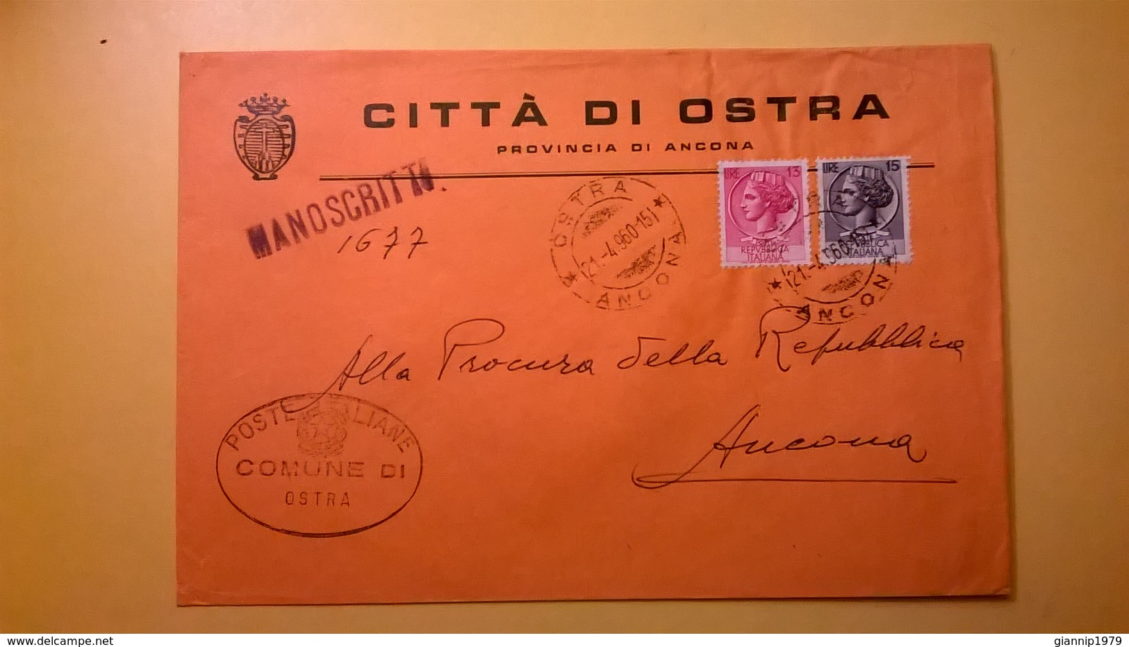 1960 BUSTA COMUNALE TEMATICA COMUNE DI OSTRA BOLLI SERIE SIRACUSANA TIMBRO UFFICIALE COMUNE ELITTICO MANOSCRITTO - 1946-60: Storia Postale
