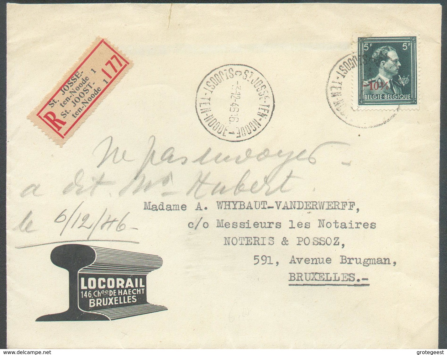 5Fr. LEOPOLD III V -10% Obl. Sc St-JOSSe-ten-NOODE Sur Lettre Recommandée (ill. LOCORAIL Ch. De Haecht - Chemin De Fer R - 1946 -10%