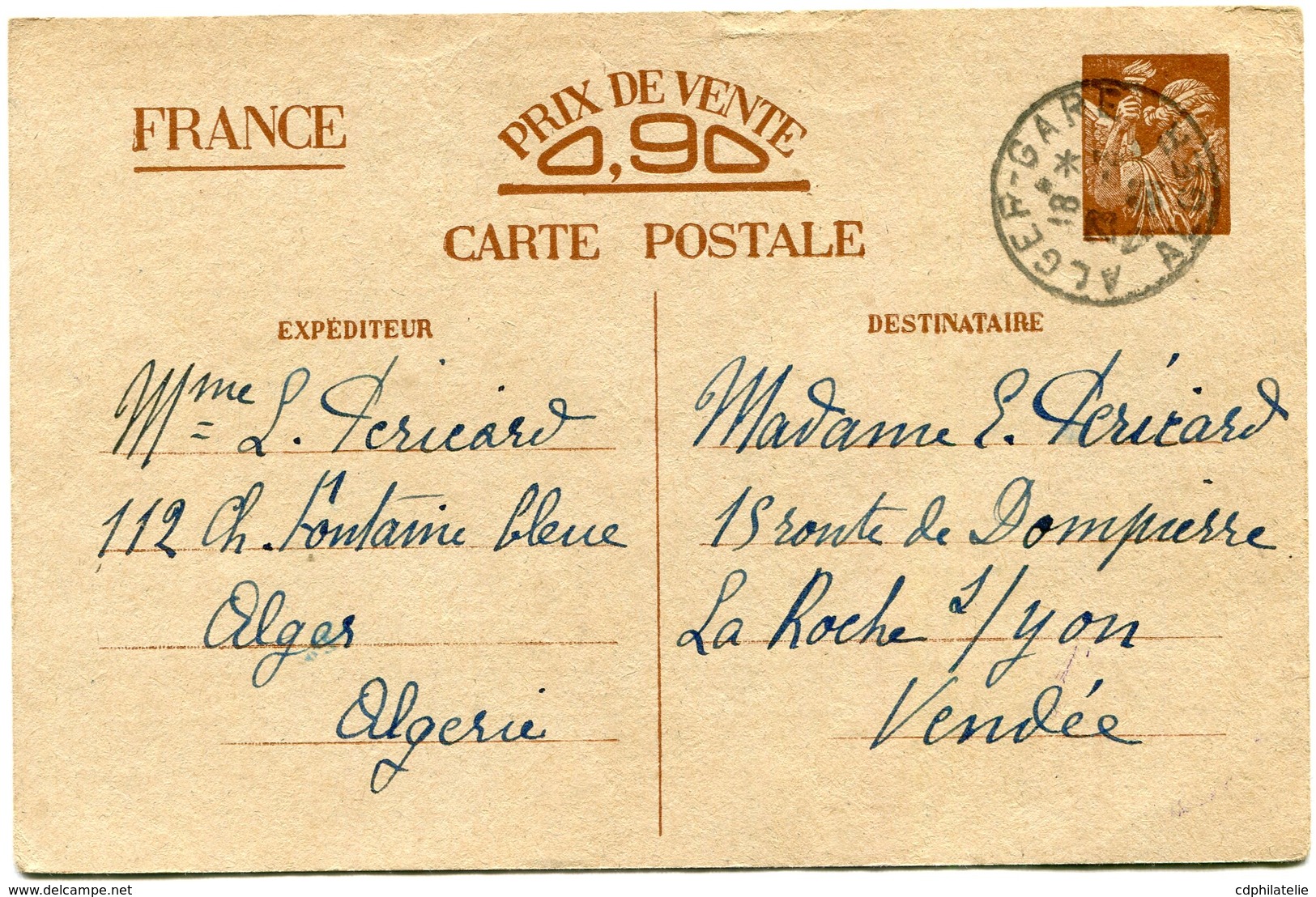 ALGERIE CARTE INTERZONE (EP IRIS) DEPART ALGER-GARE 28-3-41 ALGER POUR LA FRANCE - Lettres & Documents