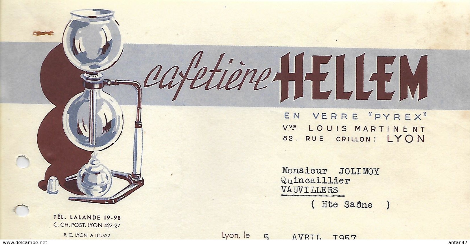 1950 -  - Facture 1957 / LYON / Cafetière HELLEM / Verre PYREX