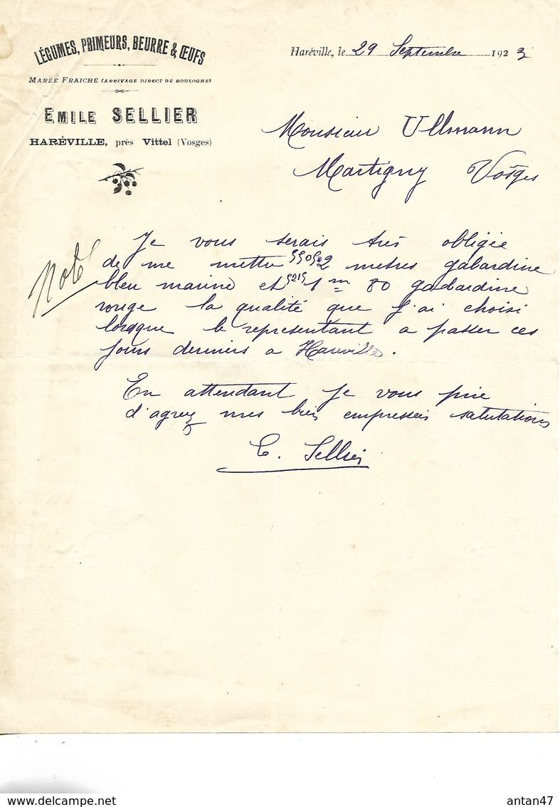 Facture Lettre 1923 / Vosges / HAREVILLE / Emile SELLIER / Légumes, Primeurs, Beurre Et Oeufs - 1900 – 1949