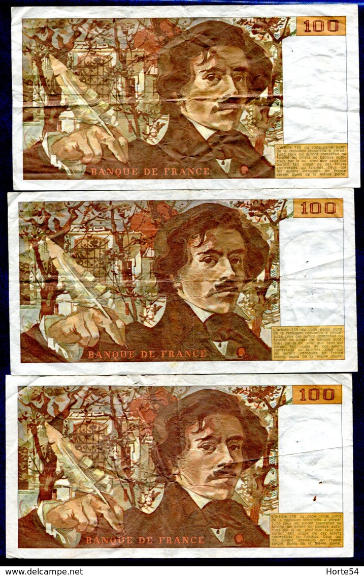 3 BILLETS 100FR FRANCE DELACROIX - 100 F 1978-1995 ''Delacroix''