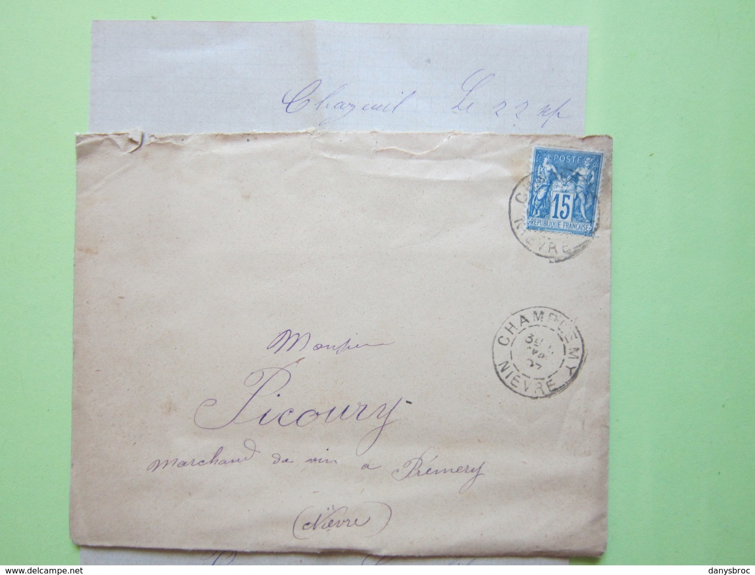 ENVELOPPE + LETTRE écrite à CHAZEUIL (Nièvre) 17/09/1897 Obitéré CHAMPLEMY & PREMERY / Timbre Sage 15c Bleu - 1877-1920: Période Semi Moderne