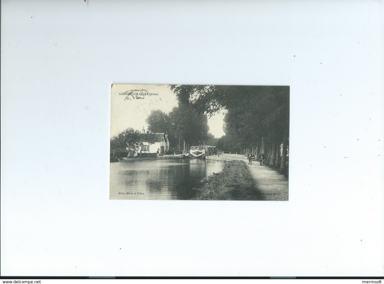 Gannay Sur Loire L’ Ecluse Nicot Hotel Et Tabac Anes Attelage 1913 Peniche Bois Page Coll Carte Animee - Autres & Non Classés