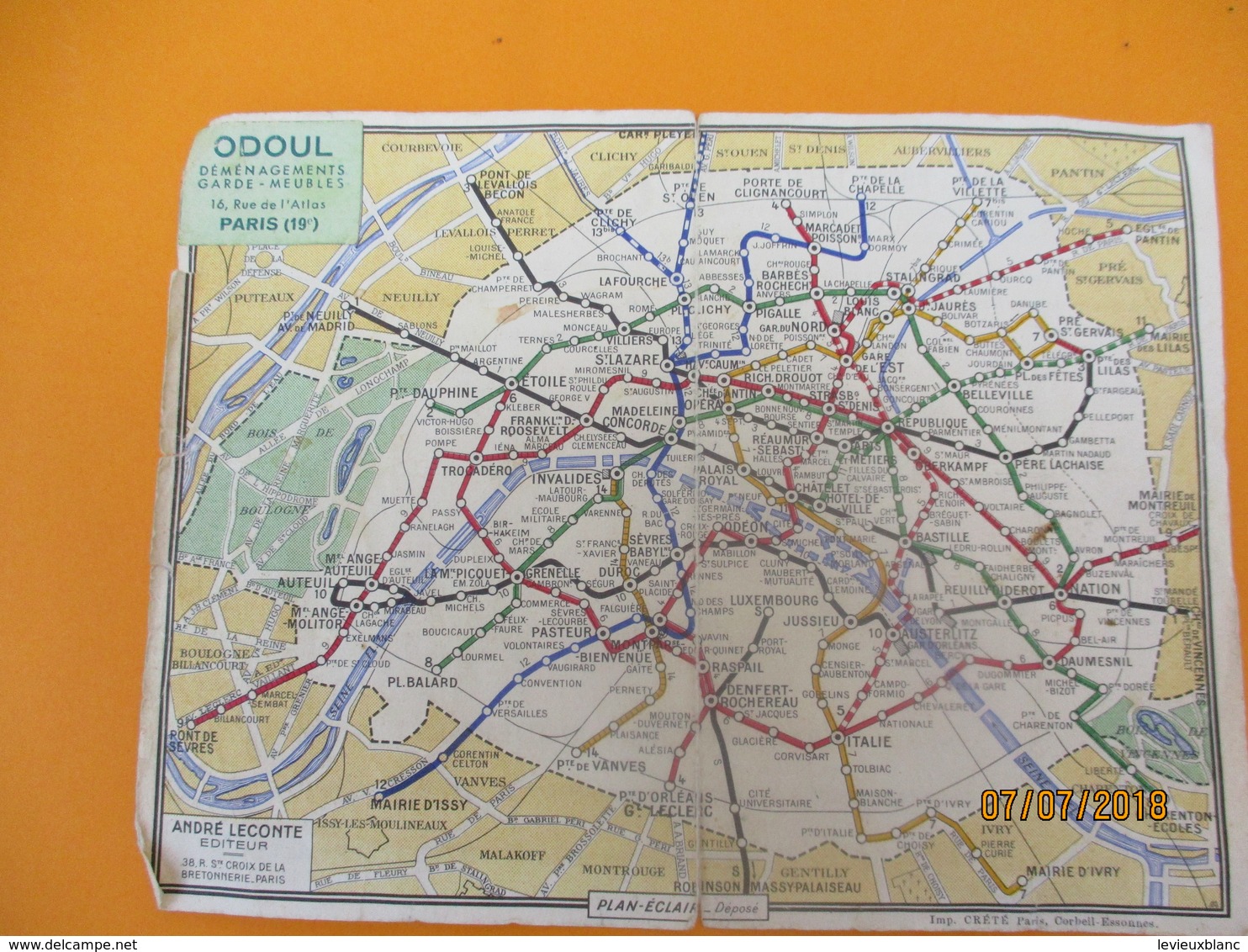 Publicitaire/Plan Du Métro De Paris/ ODOUL Déménagements -Garde Meubles/André LECONTE/ Plan éclair /vers 1960   PGC208 - Geographical Maps