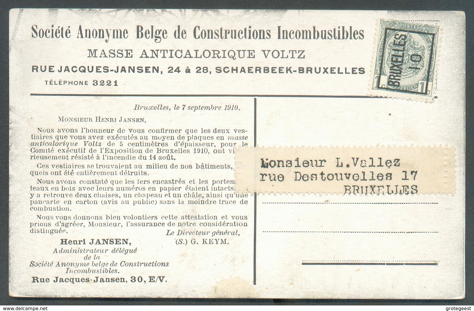 BELGIUM - S.A. De CONSTRUCTIONS INCOMBUSTIBLES Masse ANTICALORIQUE VOLTZ à CHAERBEEK Preo 1 Centime Surchargé BRUXELLES - Non Classés