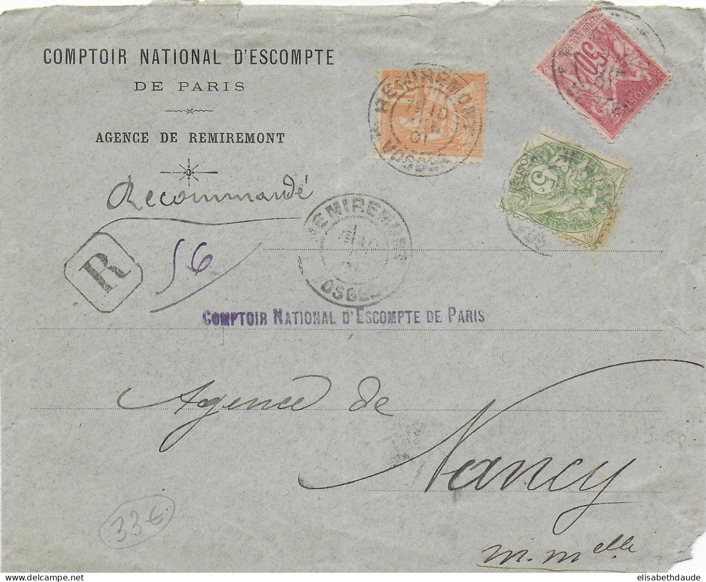 1901 - MIXTE SAGE BLANC MOUCHON - ENVELOPPE RECOMMANDEE Avec RARE YT 104 De REMIREMONT (VOSGES) => NANCY - 1898-1900 Sage (Type III)