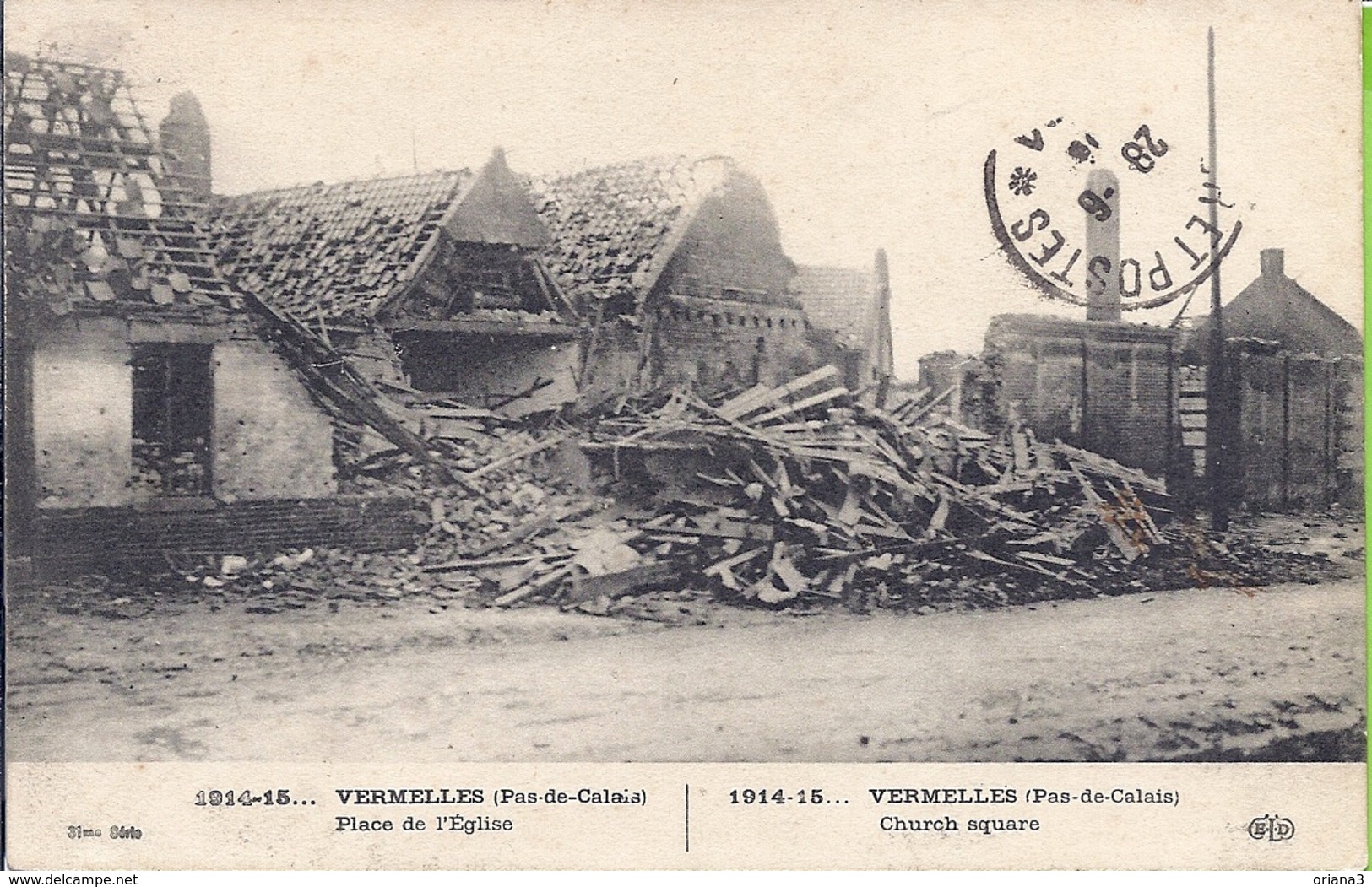 62 --    VERMELLES -- PLACE DE L'EGLISE-- 1919 -- CACHET DE LA POSTE DES ARMEES - Autres & Non Classés
