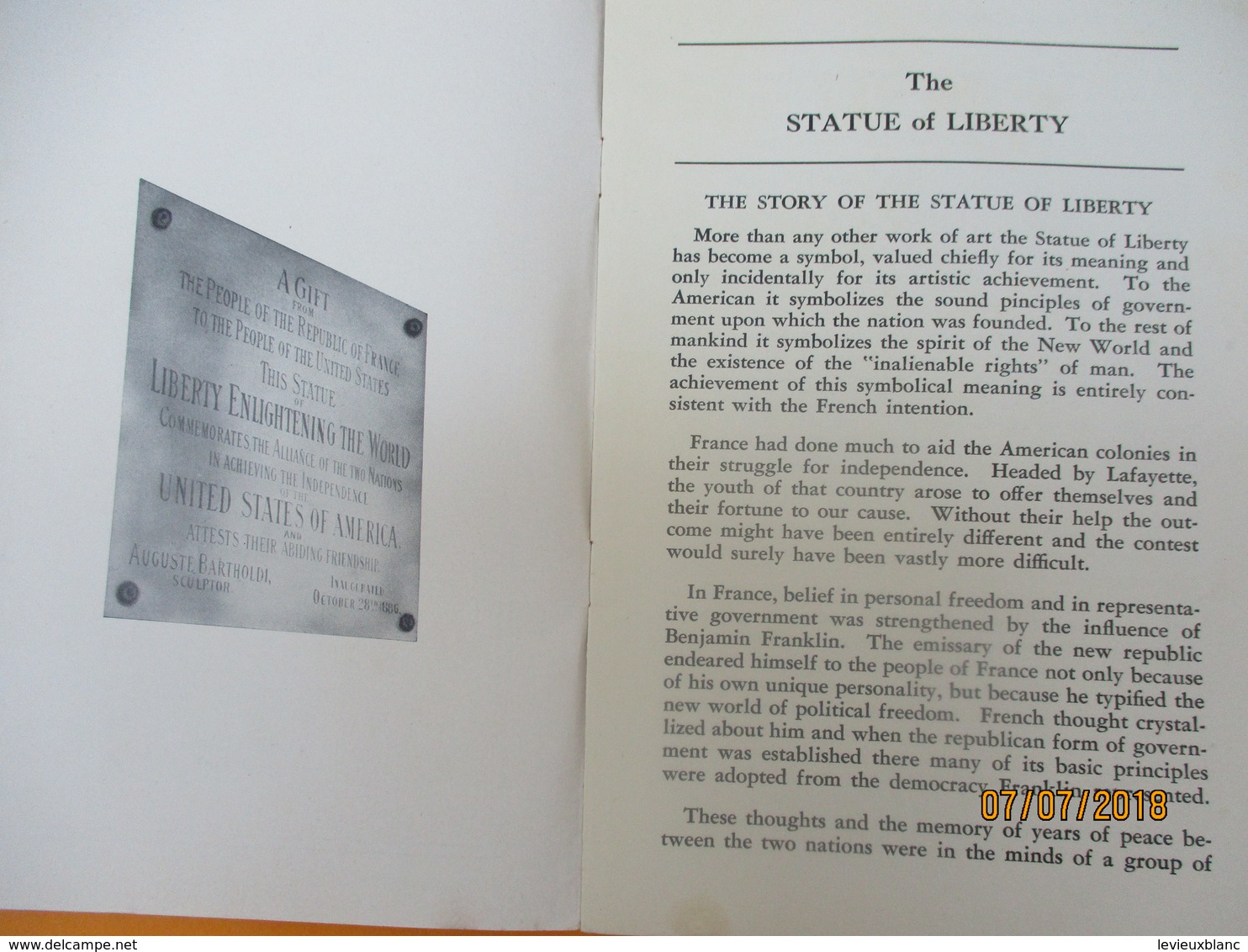 Guide / History Of The Statue Of LIBERTY/ Aaron HILL/ Bedloe Island/NEW YORK/ Bartholi/Emma Lazarus/ 1938         PGC212 - Sonstige & Ohne Zuordnung