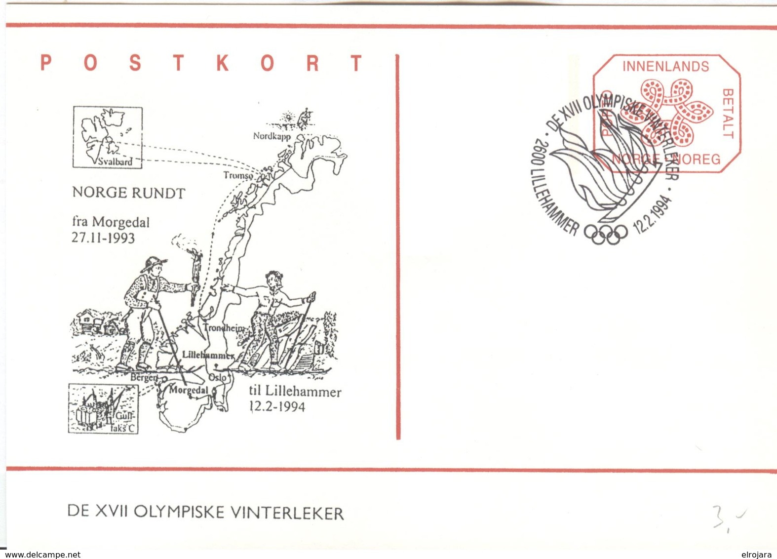 NORWAY Olympic Torchrelay Stationery For The Arriving Of The Torch In Lillehammer On 12-2-1994 - Hiver 1994: Lillehammer