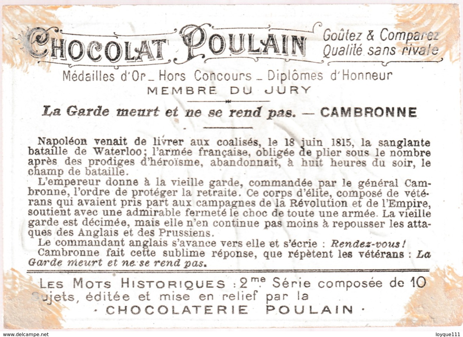 Chromo Poulain. N°1 / Le Garde Meurt Et Ne Se Rend Pas (cambronne) - Chocolat