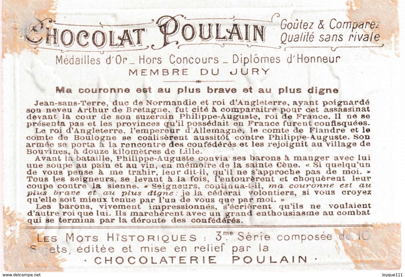 Chromo Poulain. N°3 / Ma Couronne Est Au Plus Brave Et Au Plus Digne - Chocolate