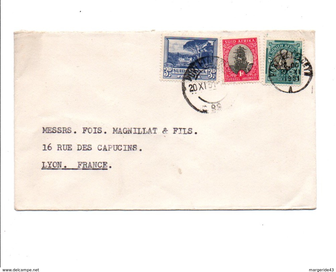 AFRIQUE DU SUD AFFRANCHISSEMENT COMPOSE SUR LETTRE POUR LA FRANCE 1951 - Neue Republik (1886-1887)