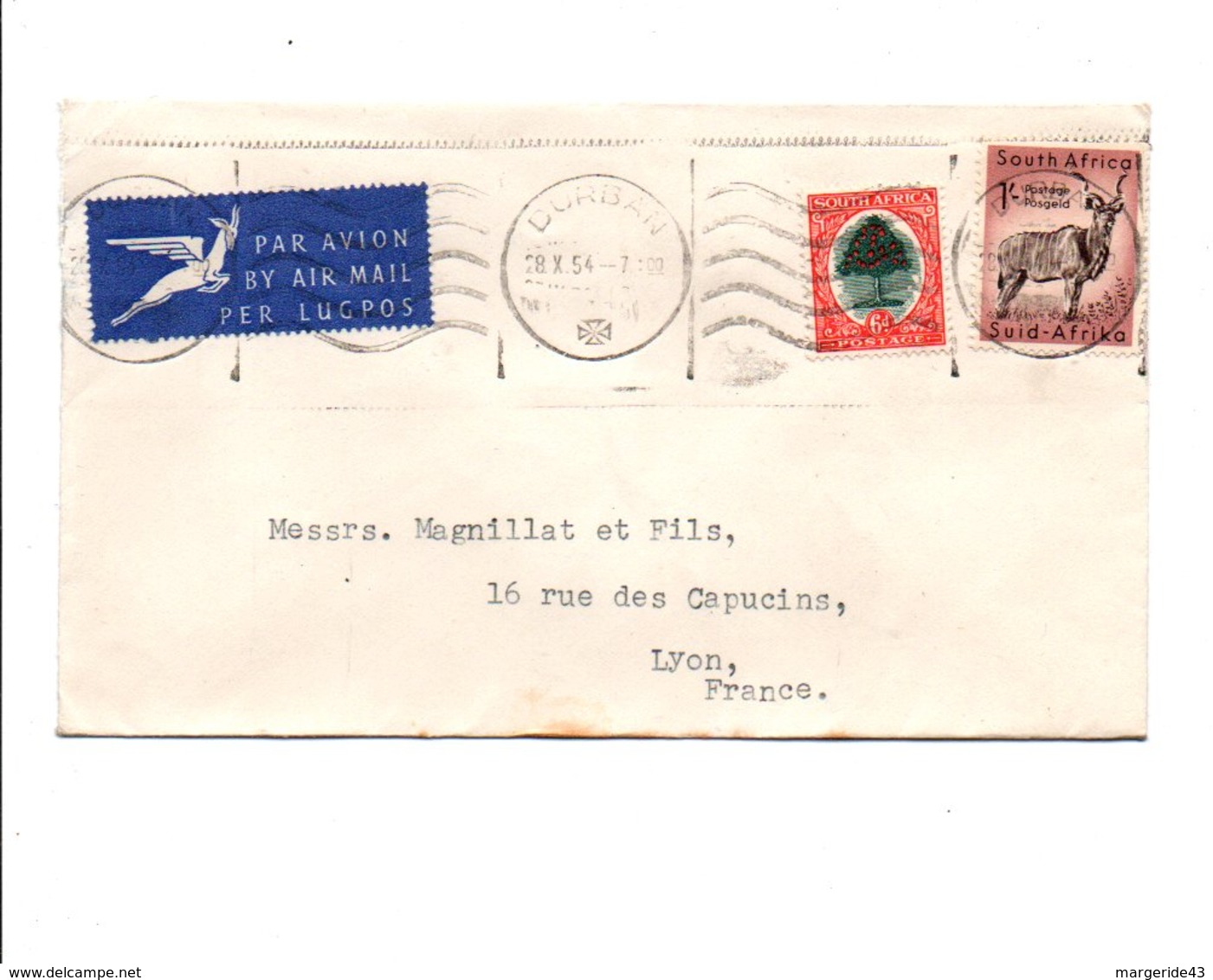 AFRIQUE DU SUD AFFRANCHISSEMENT COMPOSE SUR LETTRE AVION POUR LA FRANCE 1954 - Nouvelle République (1886-1887)