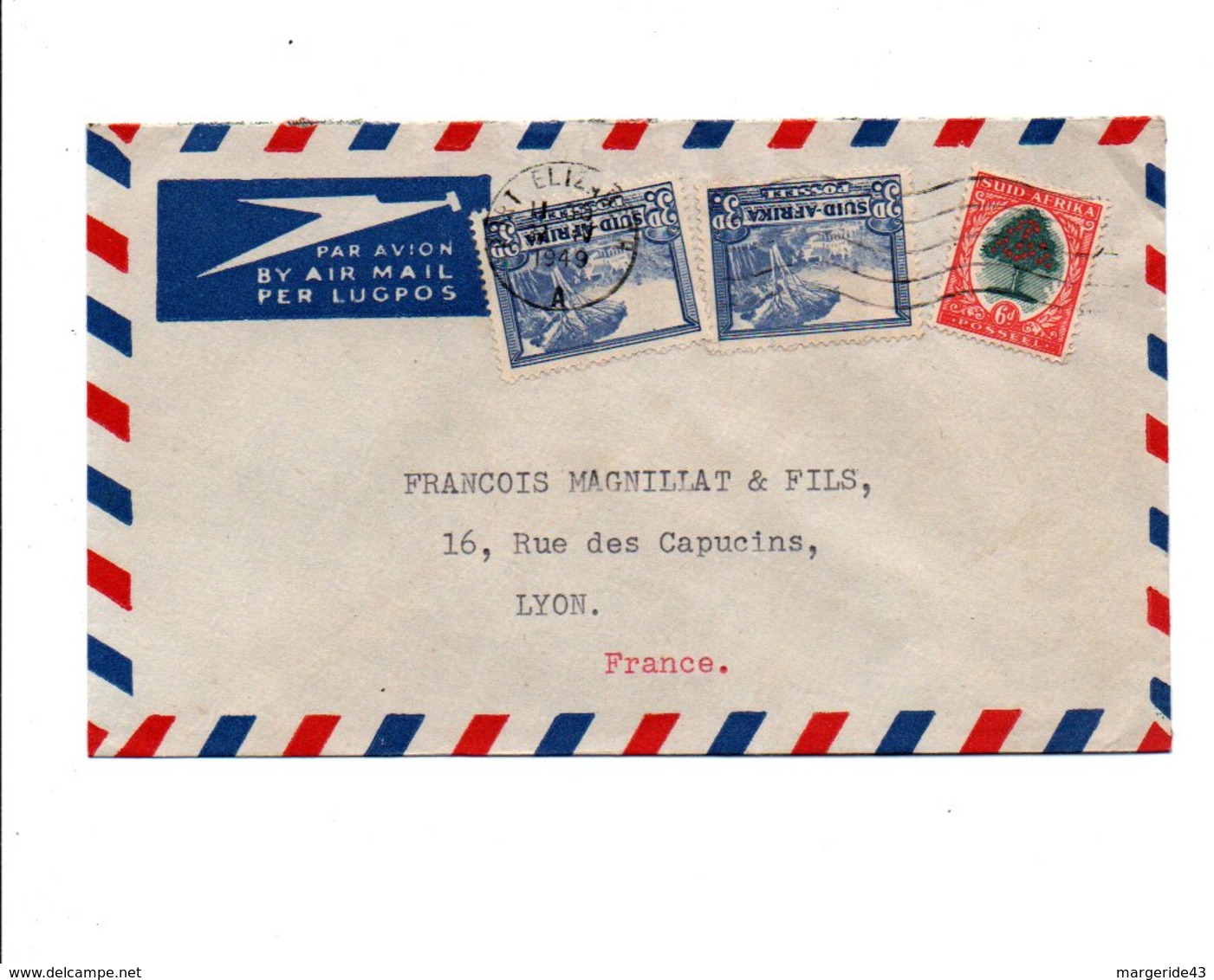 AFRIQUE DU SUD AFFRANCHISSEMENT COMPOSE SUR LETTRE AVION POUR LA FRANCE 1949 - Nouvelle République (1886-1887)