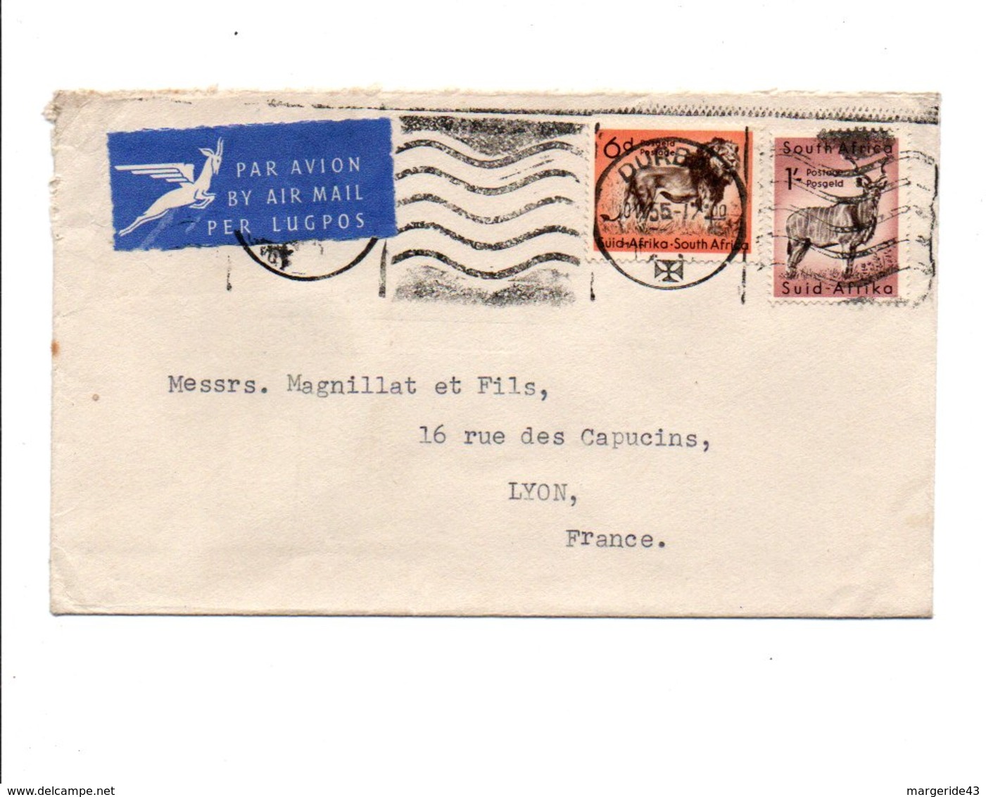 AFRIQUE DU SUD AFFRANCHISSEMENT COMPOSE SUR LETTRE AVION POUR LA FRANCE 1955 - Nouvelle République (1886-1887)