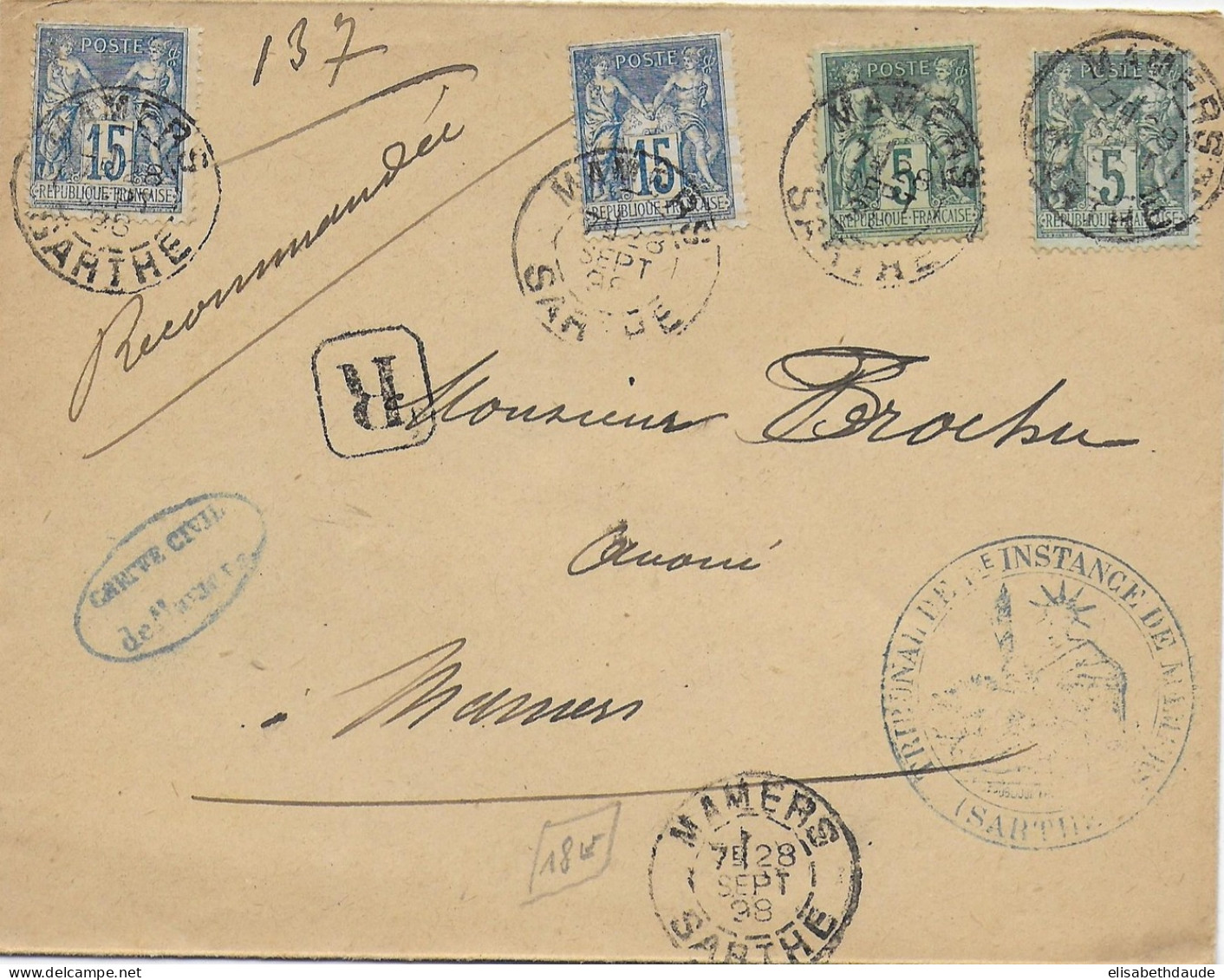 1898 - SAGE - ENVELOPPE RECOMMANDEE De MAMERS (SARTHE) => MAMERS - 1876-1898 Sage (Type II)