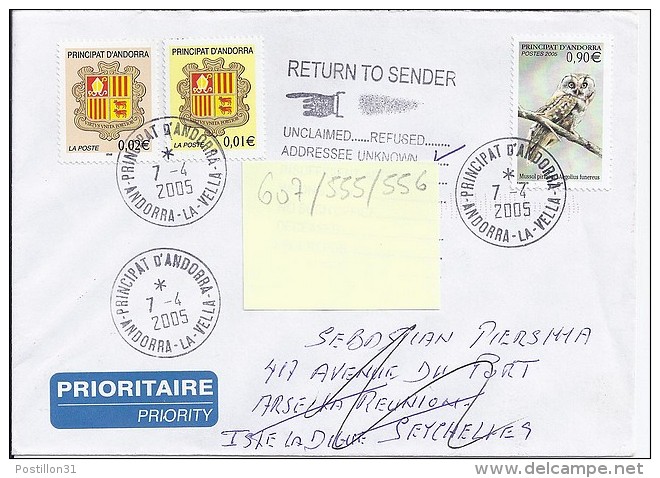 TP N° 607 + DIVERS SUR LETTRE DU 7.04.05 POUR LES SEYCHELLES - Briefe U. Dokumente