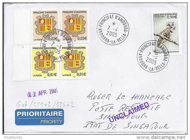 TP N° 607 + DIVERS SUR LETTRE DU 7.04.05 POUR SINGAPOUR - Brieven En Documenten