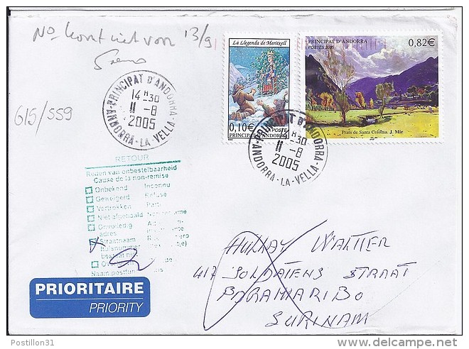 TP N° 615 + DIVERS SUR LETTRE  DU 11.08.05 POUR LE SURINAM - Cartas & Documentos