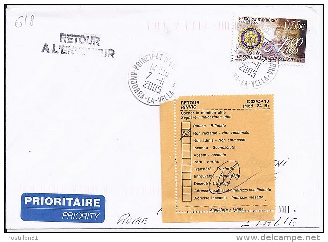 TP N° 618  SUR LETTRE DU 7.11.05 POUR L'ITALIE - Storia Postale