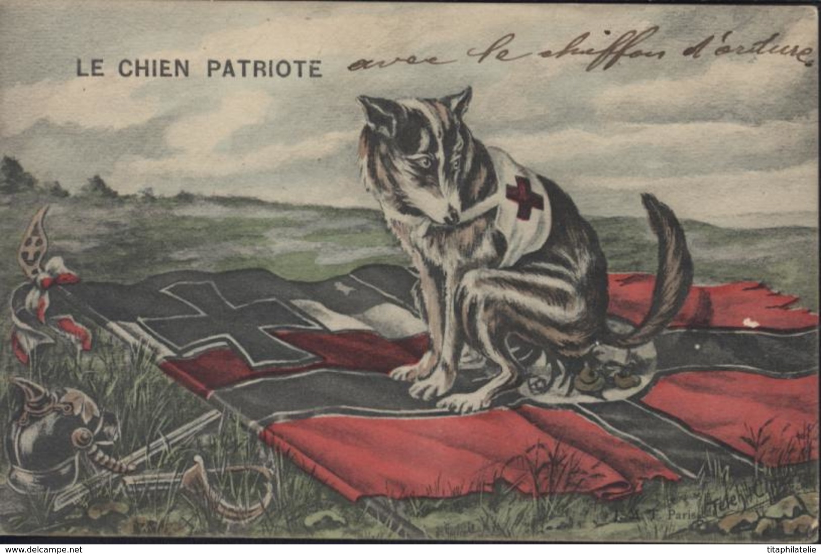 CPA Patriotique Guerre 14 Le Chien Patriote Chien Croix Rouge Fait Ses Excréments Sur Drapeau Allemand Rare CAD 1915 FM - Patriotiques