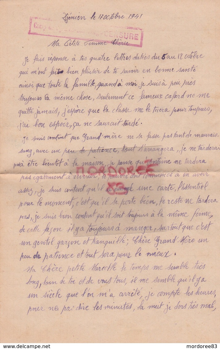 LETTRE D UN PRISONNIER CAMP DE DJENIEN BOU REZG ORAN 17/10/41 +CENSURE DU CAMP - Manoscritti