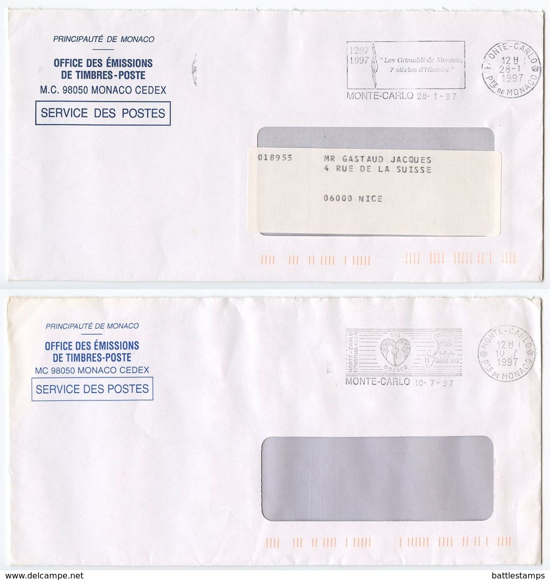 Monaco 1997 2 Service Des Postes Covers From Monte Carlo W/ Slogan Cancels - Briefe U. Dokumente