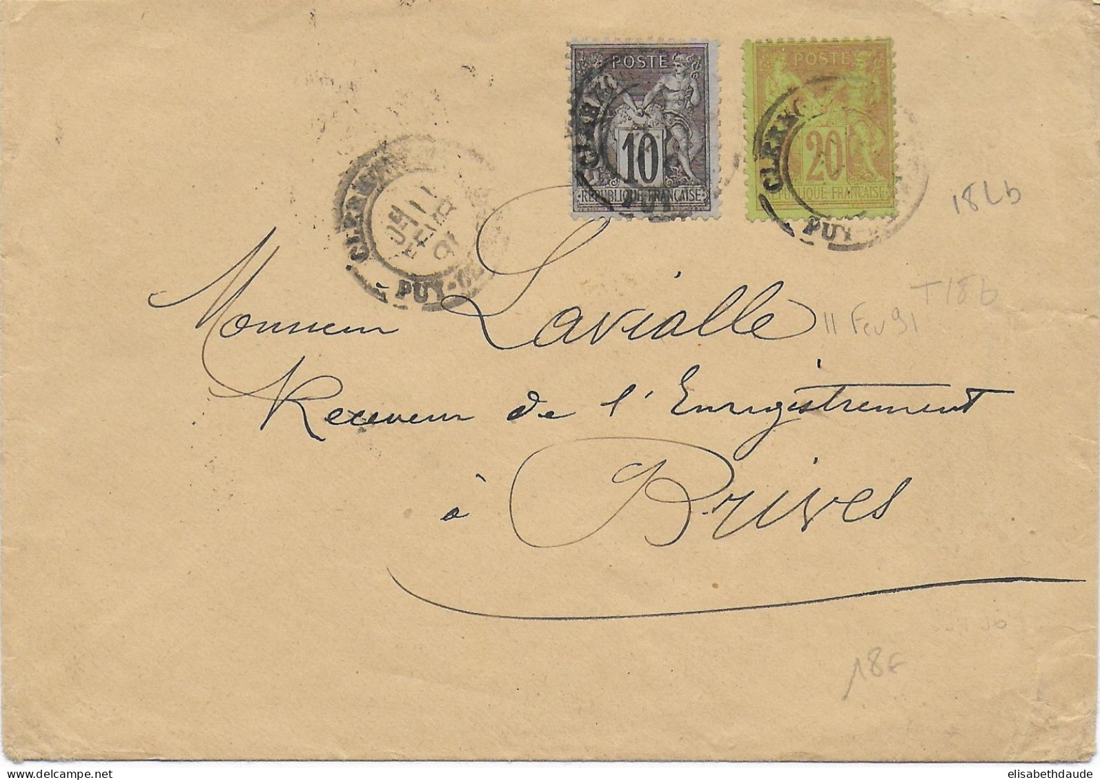 1891 - SAGE - ENVELOPPE De CLERMONT-FERRAND (PUY DE DOME) => BRIVES - 1876-1898 Sage (Type II)