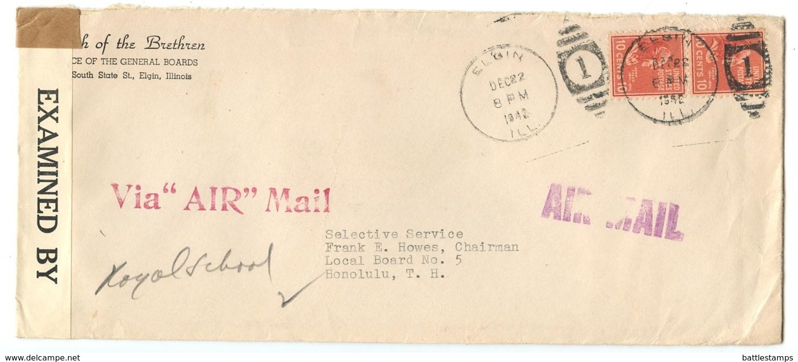 United States 1942 Censor / Airmail Cover Elgin IL To Honolulu HI W/ Prexies, Scott 815 Pair - Brieven En Documenten