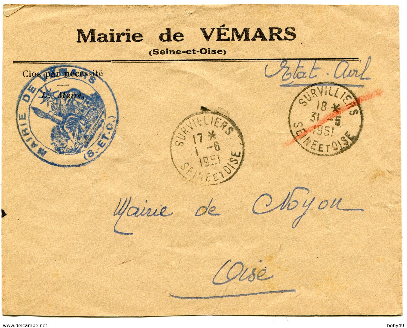 SEINE  Et OISE De VEMARS  Env. à En Tête De La Mairie Avec Dateur A6 De SURVILLIERS   Du 01/06/1951 - 1921-1960: Période Moderne