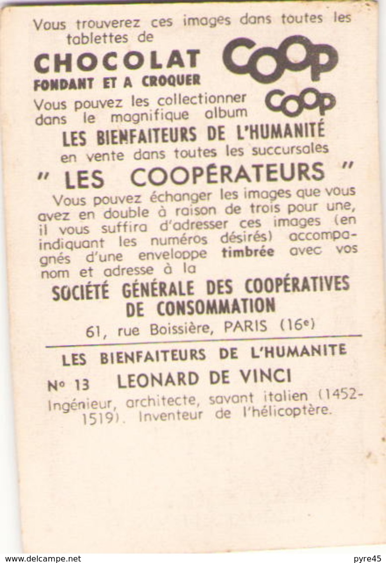 IMAGE CHOCOLAT COOP LES BIENFAITEURS DE L HUMANITE LEONARD DE VINCI N° 13 - Otros & Sin Clasificación