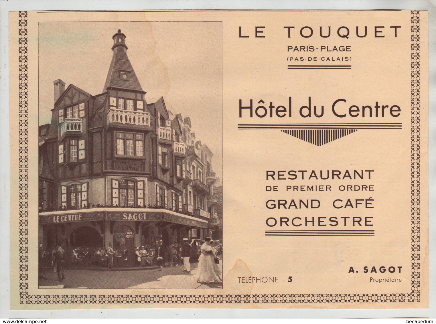 Le Touquet Hôtel Du Centre Sagot   1933 - Publicités