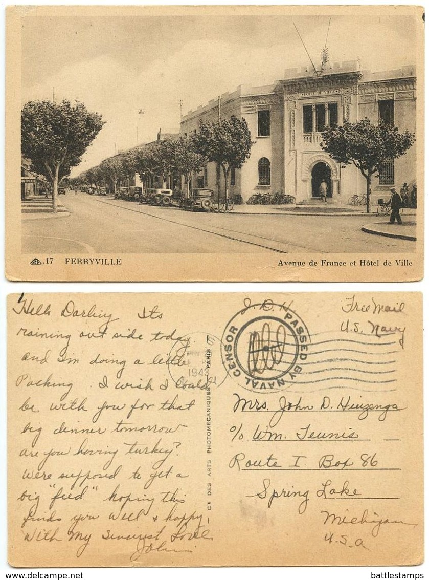 United States 1943 Postcard Tunisia - Ferryville Hotel, WWII Navy Pmk & Censor - Tunisia