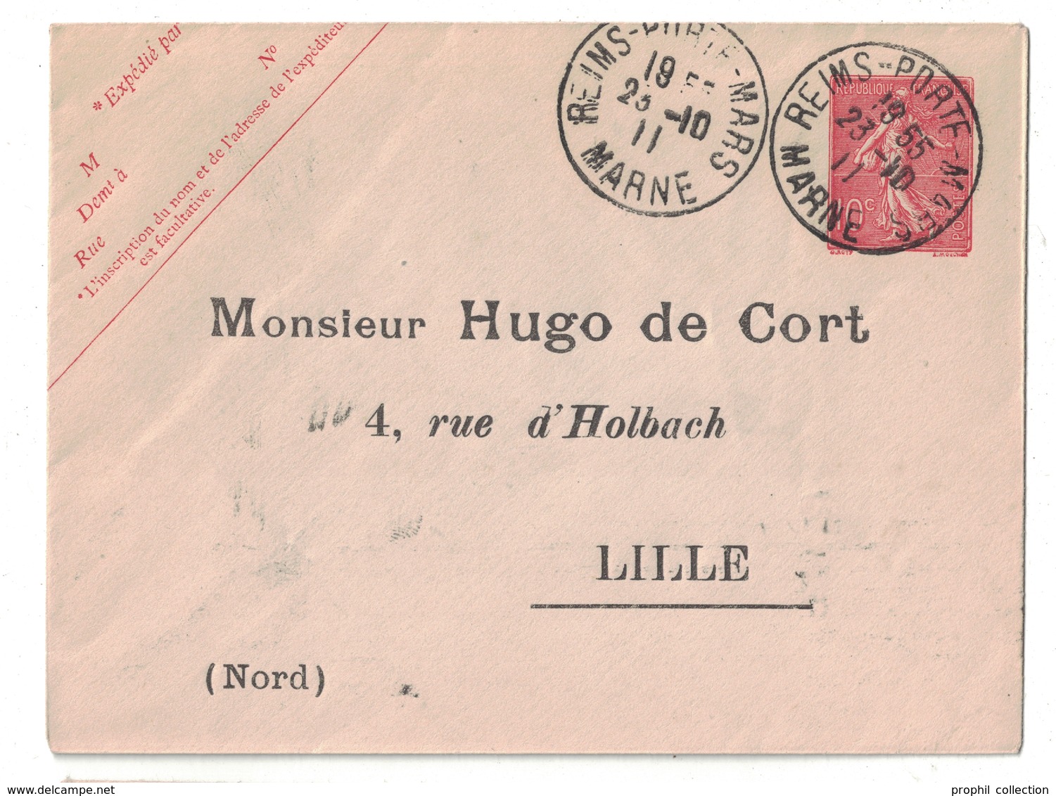 ENTIER Avec REPIQUAGE PRIVÉ " HUGO DE CORT / LILLE " Sur ENVELOPPE TYPE SEMEUSE LIGNÉE 10c ROSE CAD REIMS 1911 - Buste Ristampe (ante 1955)