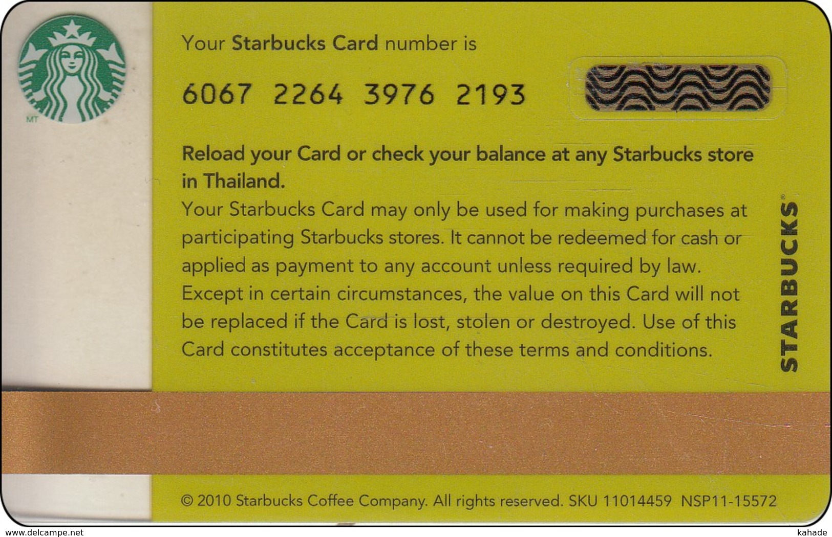 Thailand Starbucks Card  Thank You - 2010 - 6067 - Gift Cards