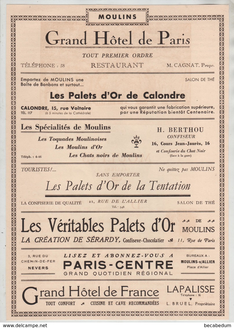 Publicités 1933 Moulins Calondre Palets Toquades Chats Noirs Tentation Sérardy Berthou Cagnat Bruel - Advertising