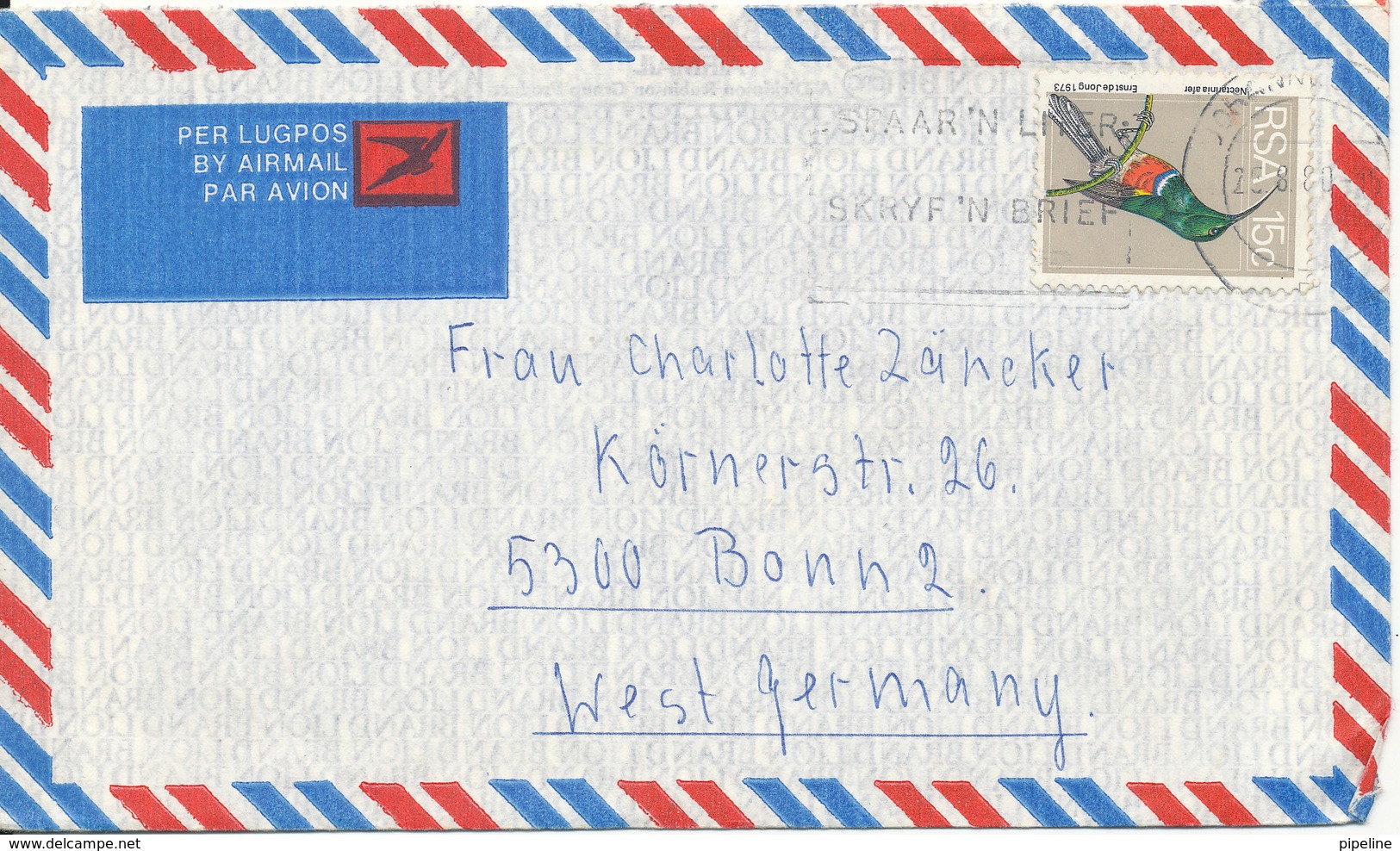 South Africa Air Mail Cover Sent To Germany Johannesburg 25-8-1980 BIRD Stamp - Poste Aérienne