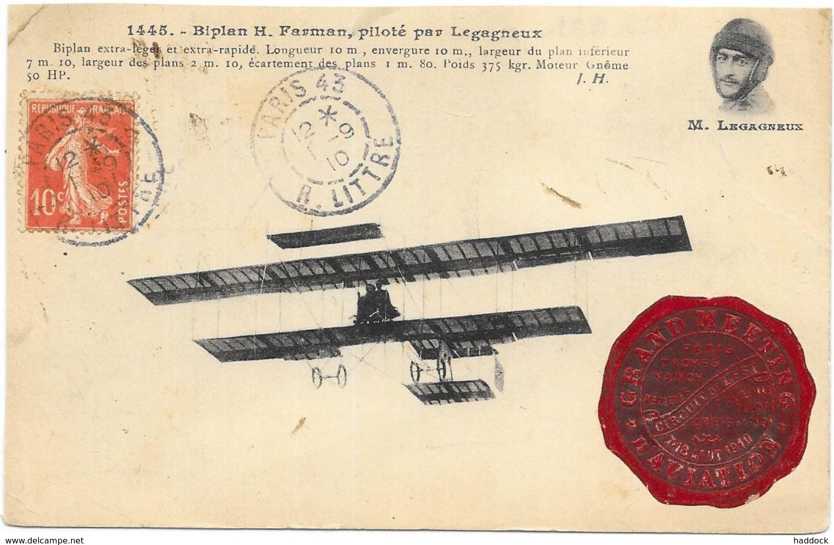 BIPLAN H. FARMAN AVEC CACHET CIRCUIT DE L'EST AOUT 1910 - Aviatori