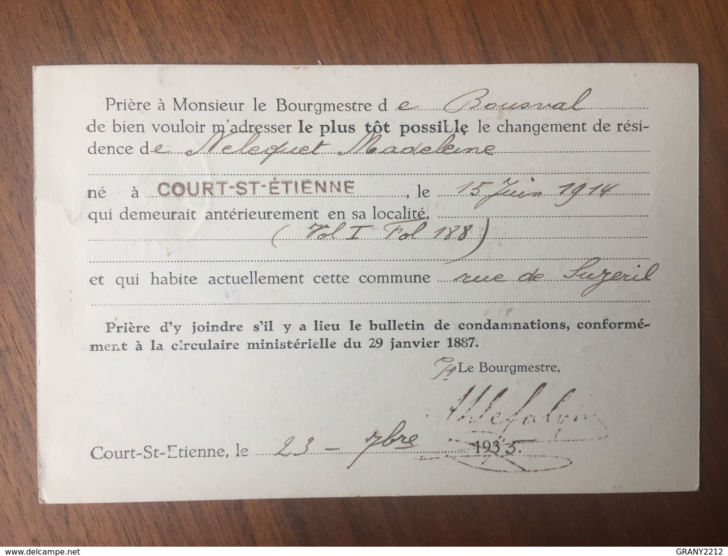 GENAPPE  ,COMMUNE DE COURT-SAINT - ÉTIENNE  »MONSIEUR LE BOURGMESTRE  «  Courrier Changement  Adresse (1935 ). - Genappe