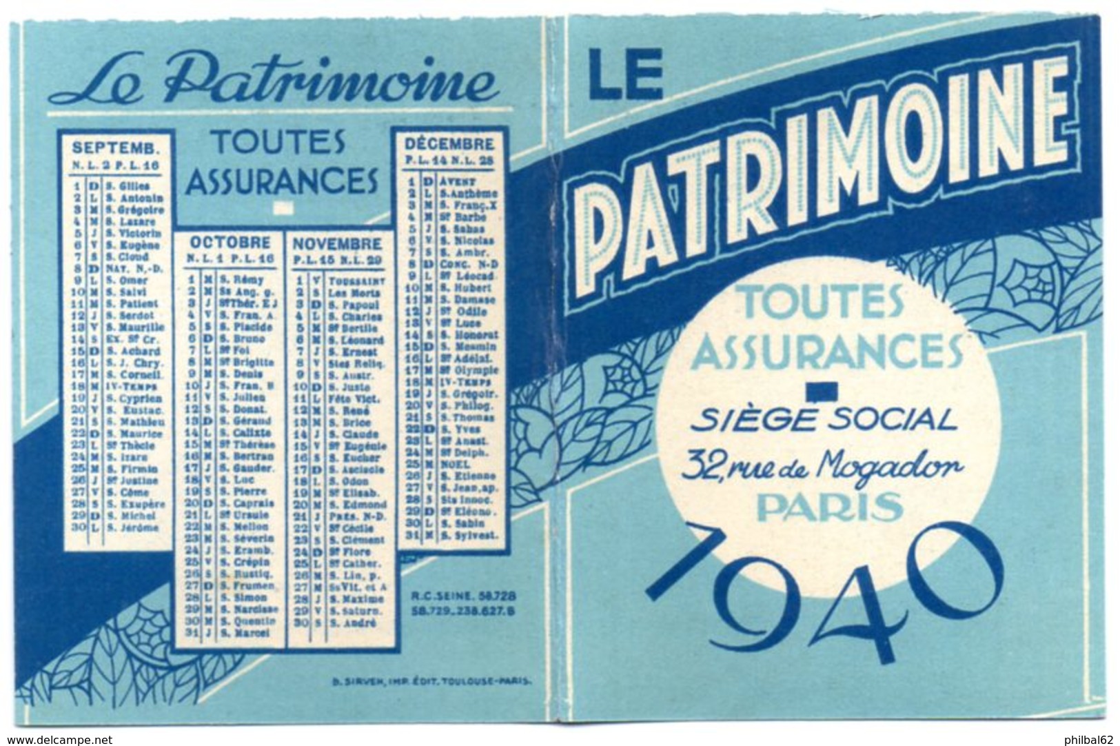 Petit Calendrier De Poche Publicitaire 1940, Le Patrimoine, Toutes Assurances. - Petit Format : 1921-40