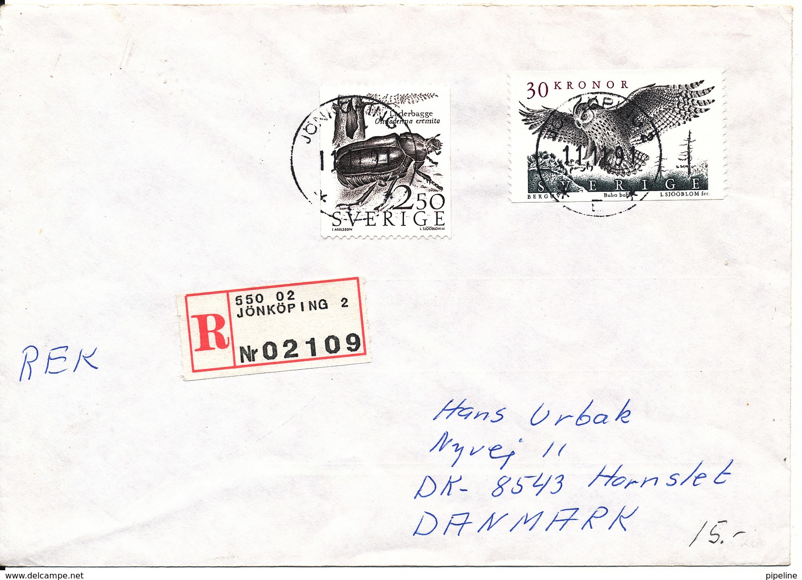 Sweden Registered Cover With High Valued BIRD Stamp Sent To Denmark - Covers & Documents
