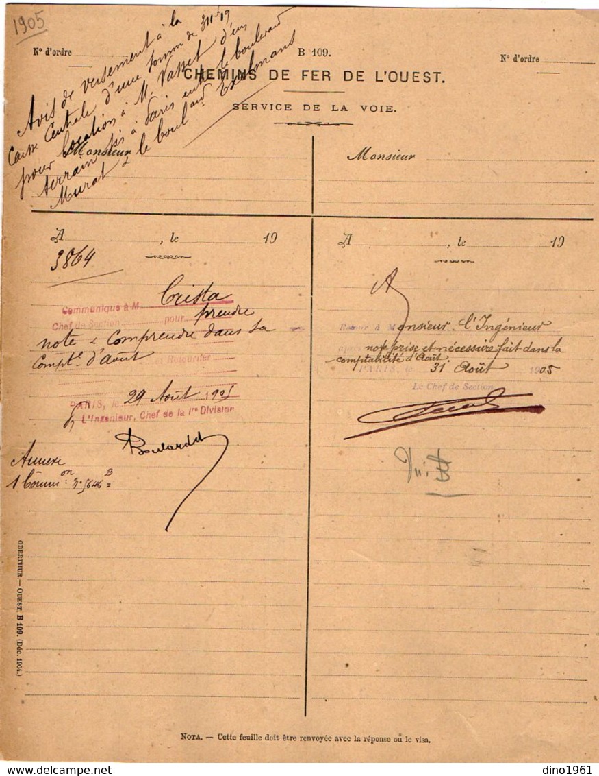 VP12.709 - PARIS 1905 - 2 Documents De La Compagnie Des Chemins De Fer De L'Ouest - Spoorweg