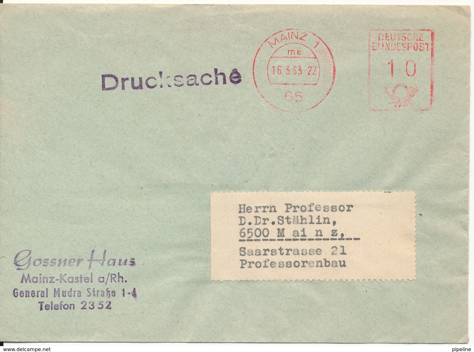 Germany Cover With Meter Cancel Mainz 16-3-1963 - Brieven En Documenten