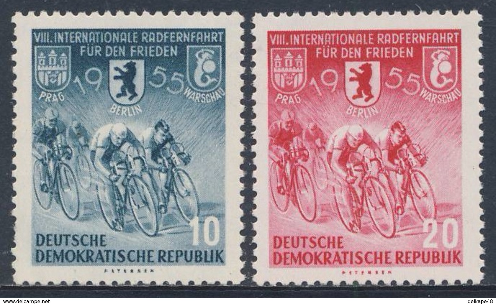 DDR Germany 1955 Mi 470 /1 YT 198 /9 ** Cyclists – 8th Int. Warsaw-Berlin-Prague Peace Cycle Race / Int. Radrennfahrt - Wielrennen