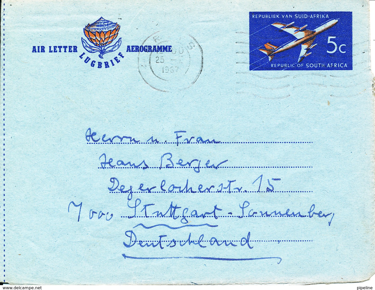 South Africa Aerogramme Sent To Germany Brits 25-1-1967 - Aéreo